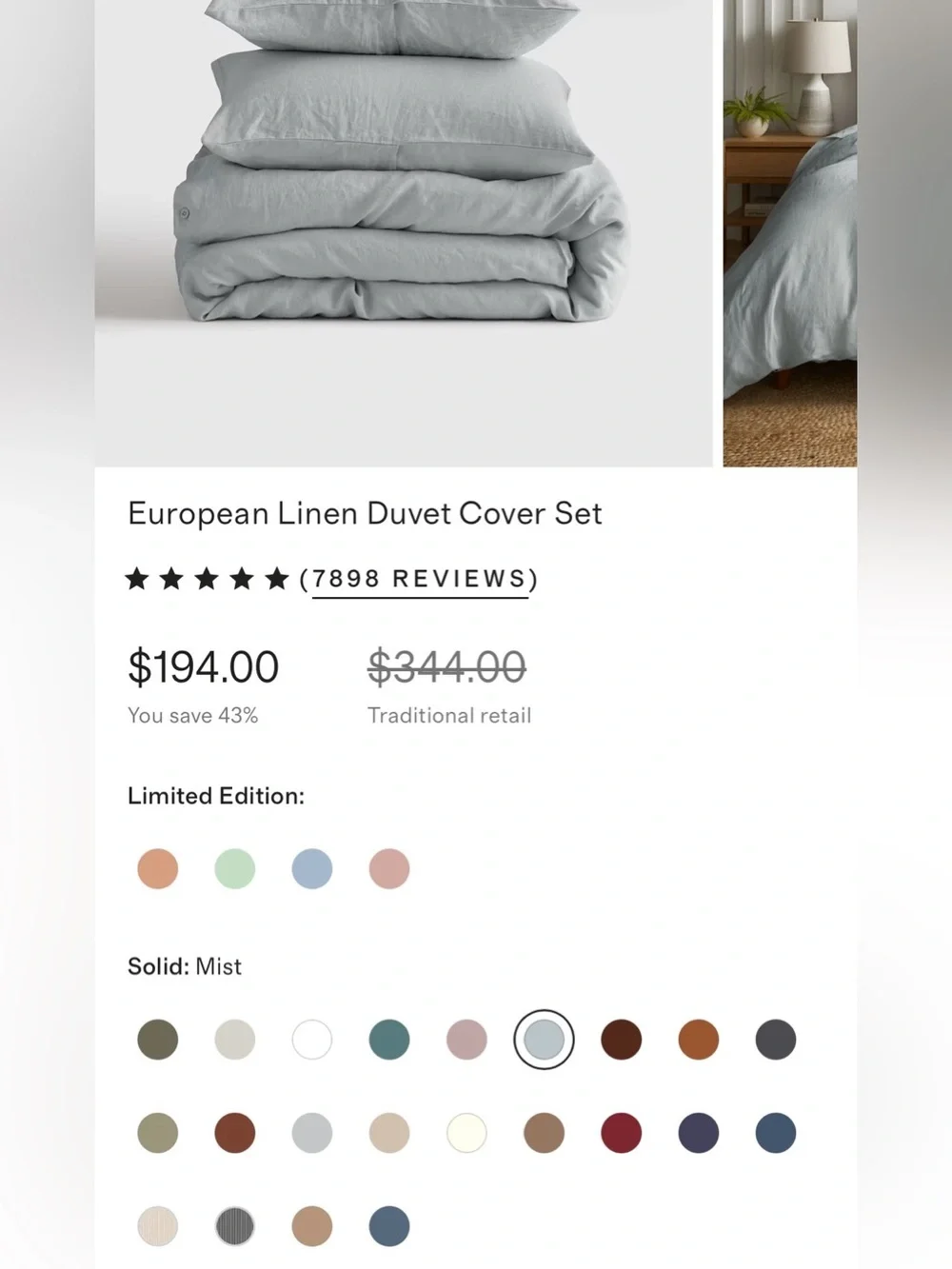 NWOT Quince European Linen 3 Piece Duvet Cover Set, Full/Queen (Mist)